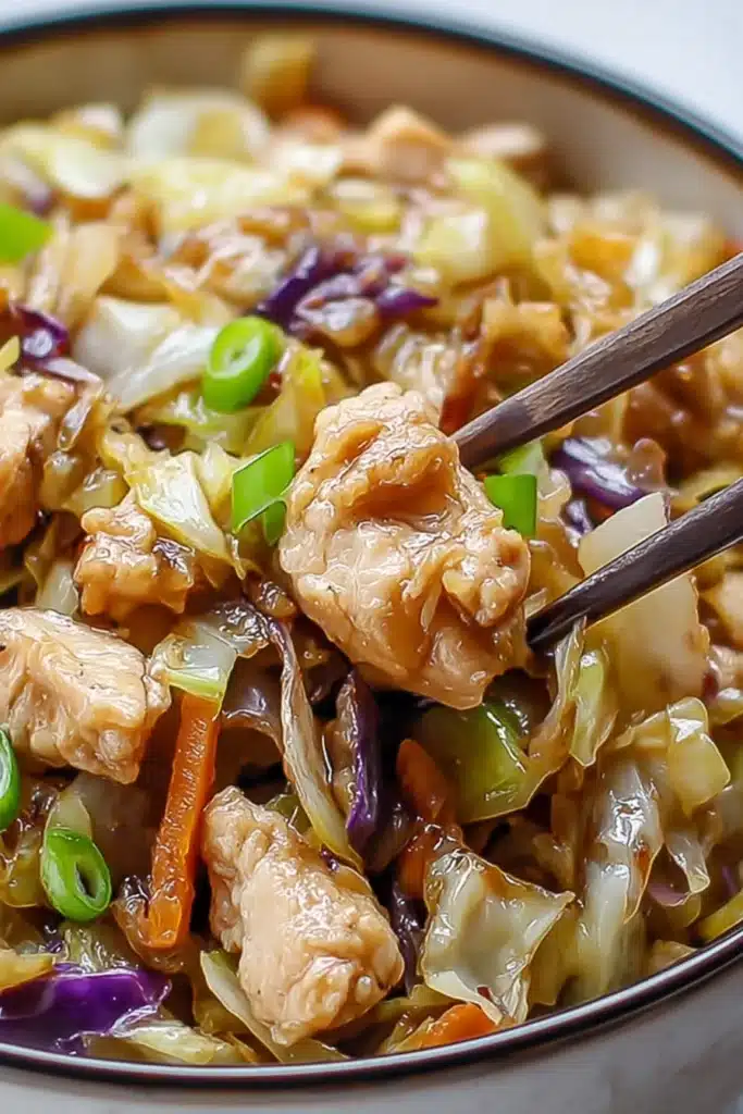 Egg Roll Bowls with Chicken and Cabbage 1 Egg roll bowl with chicken and cabbage close up with chopsticks lifting bite