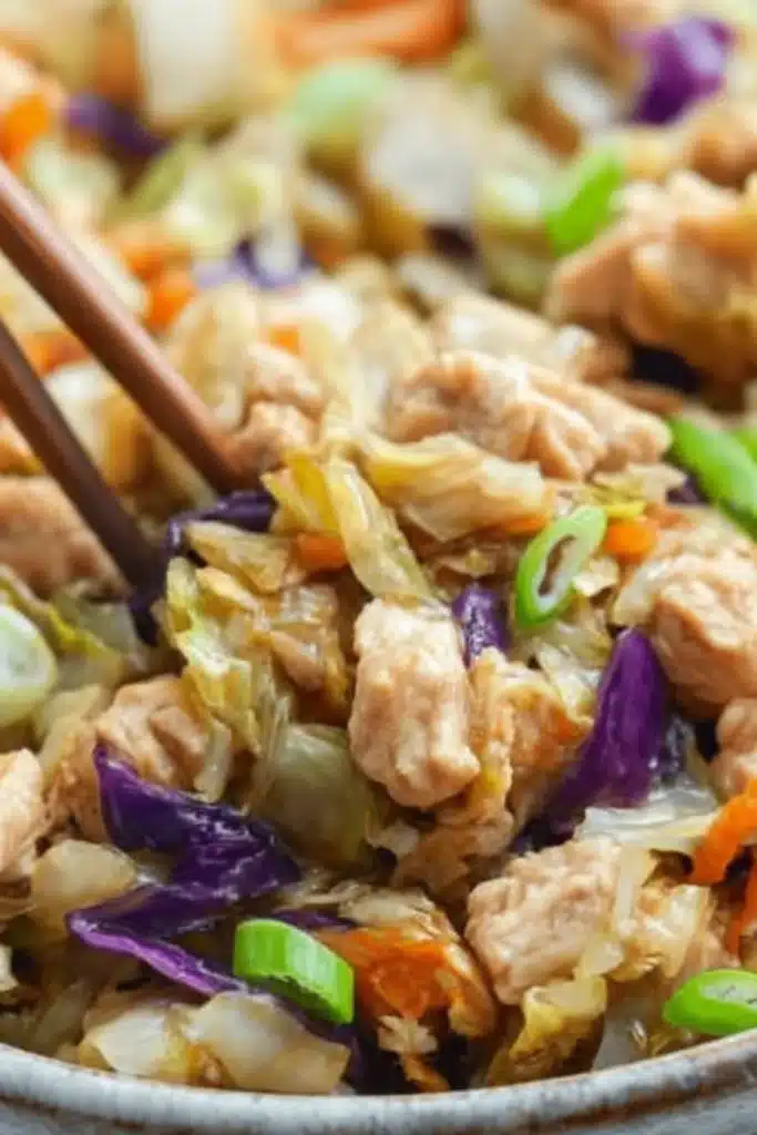Egg Roll Bowls with Chicken and Cabbage 2 Egg Roll Bowls with Chicken and Cabbage close up with chopsticks lifting bite