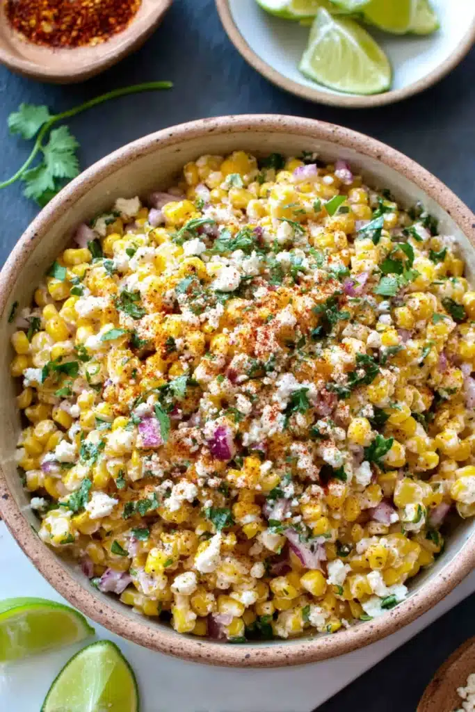 Elote Corn Salad Recipe for a Creamy and Flavorful Side 1 Elote corn salad with creamy dressing, cotija cheese, and fresh herbs in a bowl