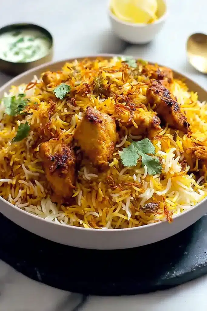 Fragrant Butter Chicken Biryani Recipe with Rich Creamy Flavor 1 Fragrant butter chicken biryani with fluffy rice, crispy onions, and herbs in a bowl
