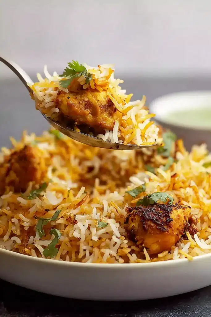 Fragrant Butter Chicken Biryani Recipe with Rich Creamy Flavor 3 Fragrant Butter Chicken Biryani spoonful with fluffy rice and tender chicken