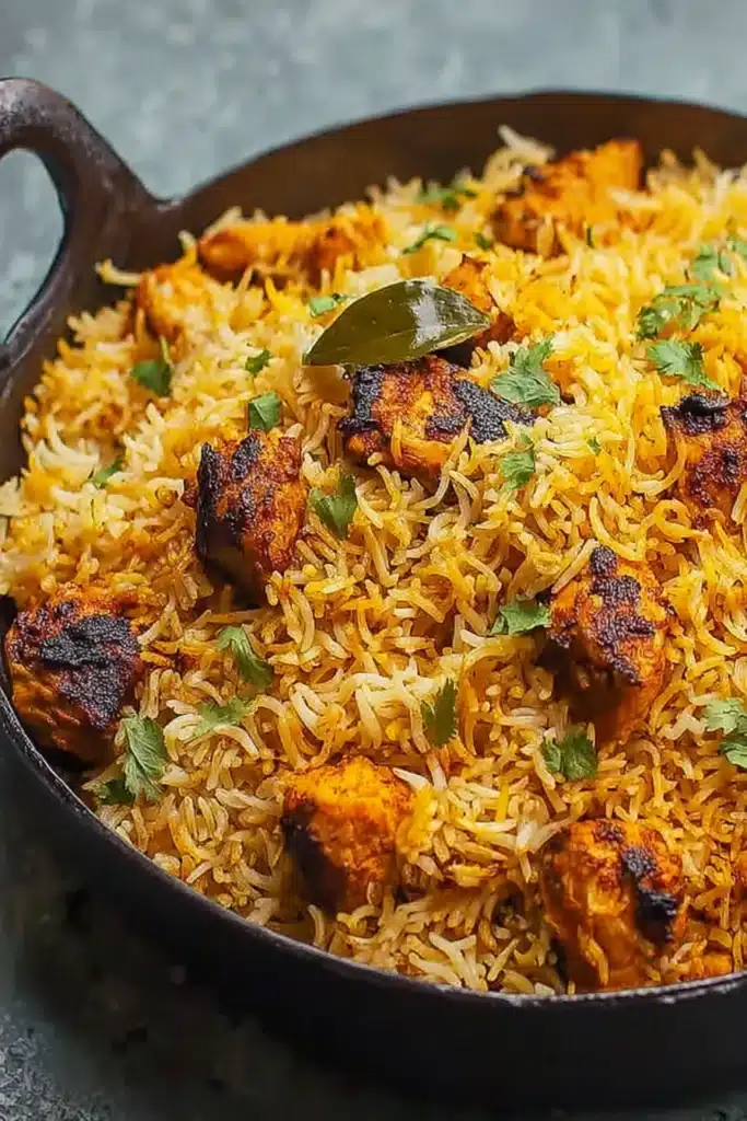 Fragrant Butter Chicken Biryani Recipe with Rich Creamy Flavor 2 Fragrant Butter Chicken Biryani in cast iron skillet with fluffy rice and charred chicken