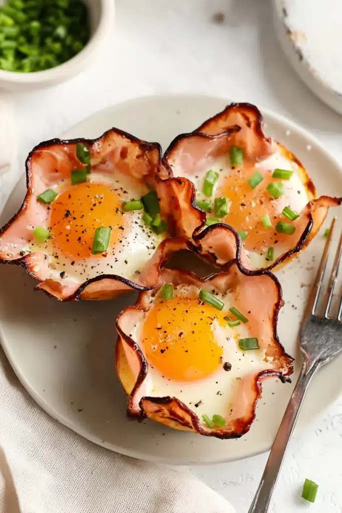 Ham and Cheese Egg Cups 1 Ham and cheese egg cups with runny yolks and green onions on a plate