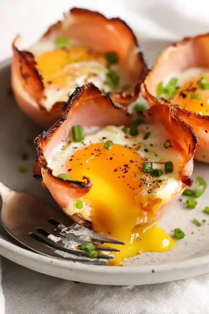 Ham and Cheese Egg Cups 2 Ham and Cheese Egg Cups with runny yolk and crispy ham edges