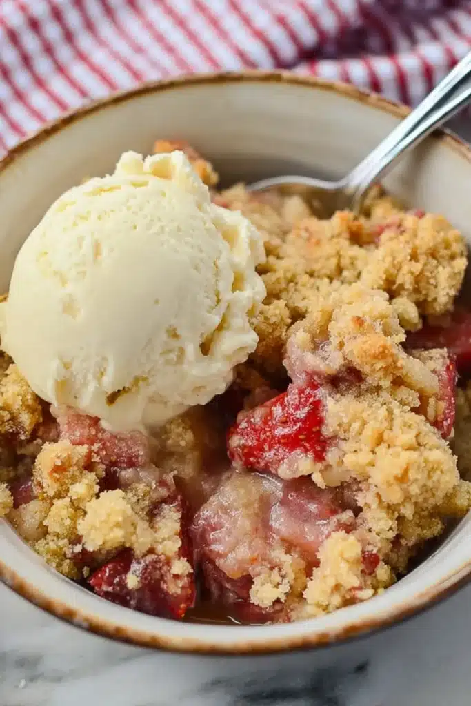 Keto Strawberry Rhubarb Crumble 1 Keto strawberry rhubarb crumble with vanilla ice cream in a bowl