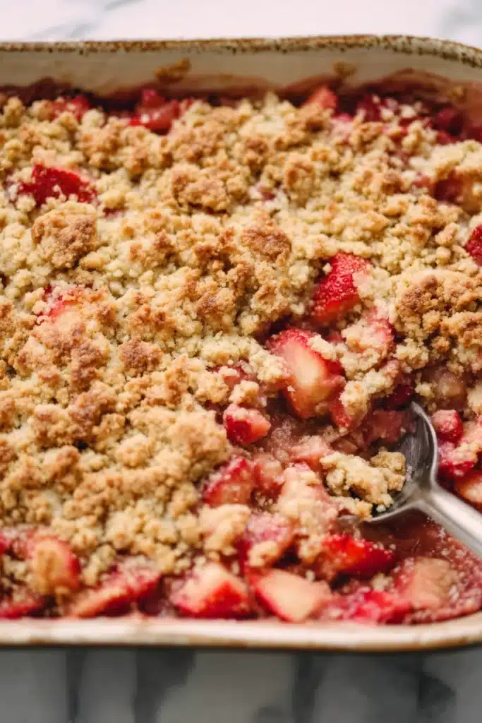 Keto Strawberry Rhubarb Crumble 2 Keto strawberry rhubarb crumble baked in dish with golden topping