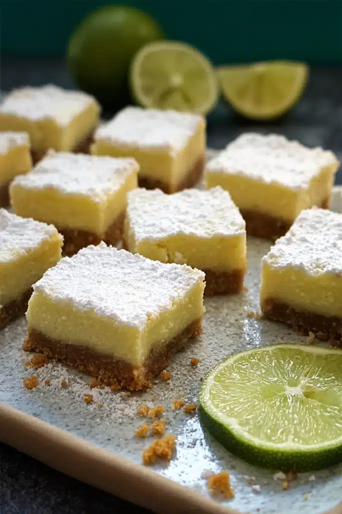 Lime margarita bars 1 Lime margarita bars with creamy filling and graham crust dusted with powdered sugar
