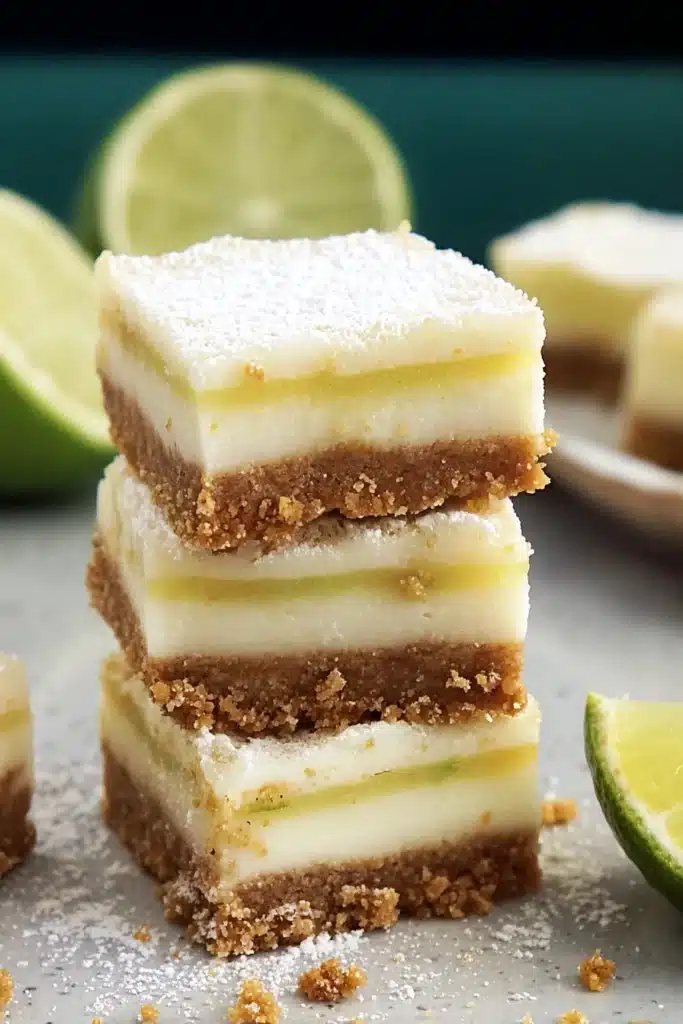 Lime margarita bars 3 Stacked lime margarita bars with creamy layers and graham cracker crust