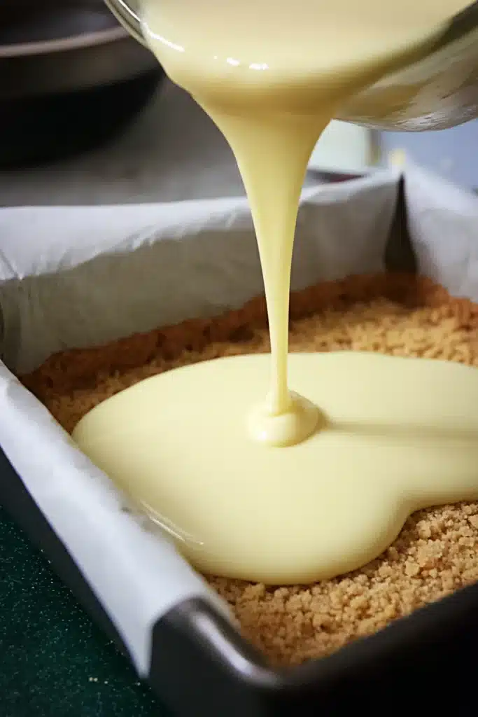 Lime margarita bars 2 Lime margarita bars filling being poured over graham crust in baking pan