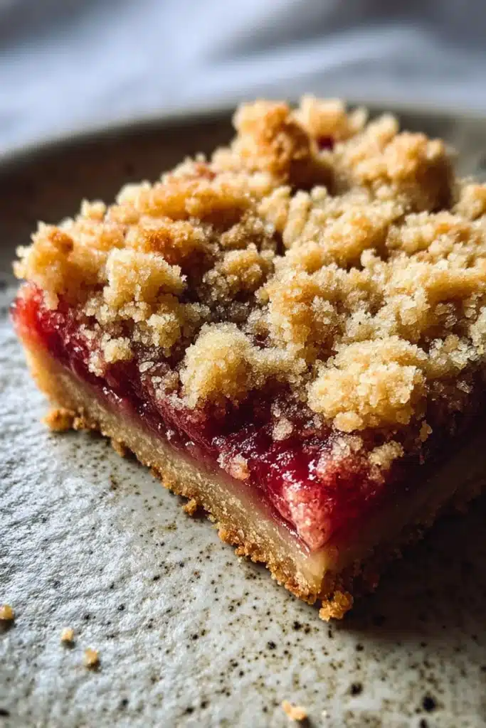 Magical 3 Ingredient Rhubarb Squares 1 rhubarb crumble bars with golden topping and red fruit filling close up