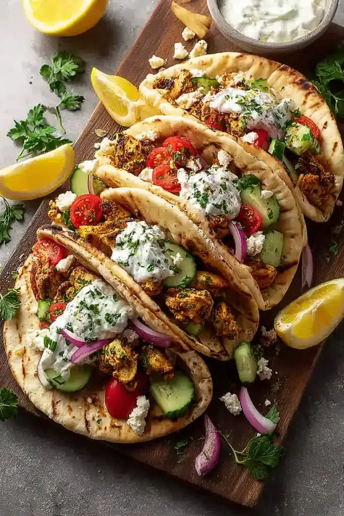 Mediterranean Chicken Tacos Recipe You’ll Love for Easy Meals 1 Mediterranean chicken tacos with grilled chicken, fresh veggies, feta, and tzatziki on flatbread