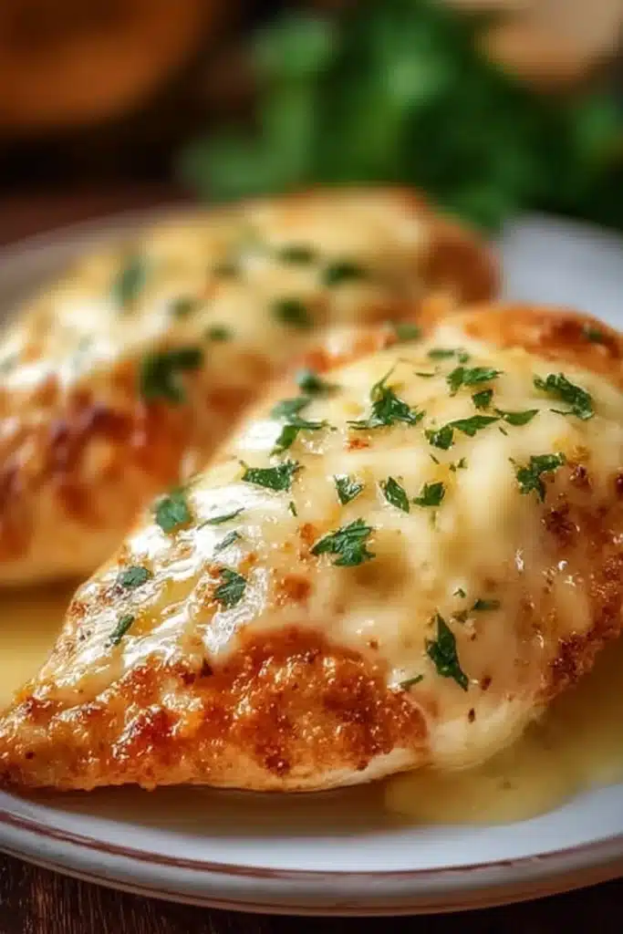 Melt in Your Mouth Chicken: The Easiest Creamy Baked Chicken Recipe 1 Creamy melt in your mouth chicken with golden baked topping on a plate