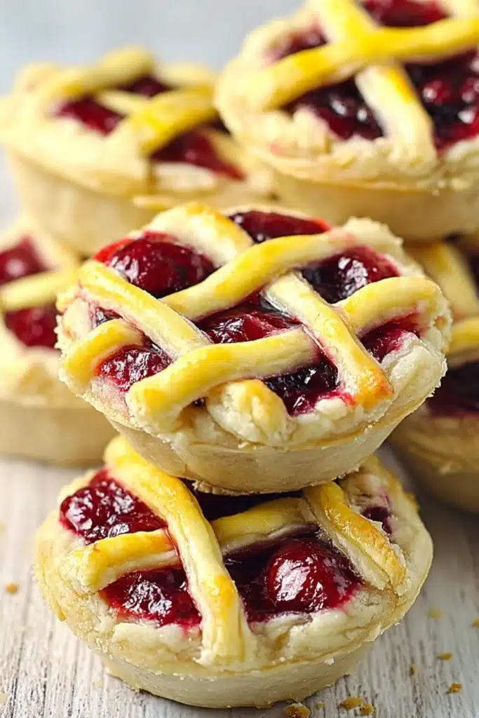 Mini Cherry Pies 1 Mini cherry pies with flaky crust and glossy cherry filling stacked on a light surface