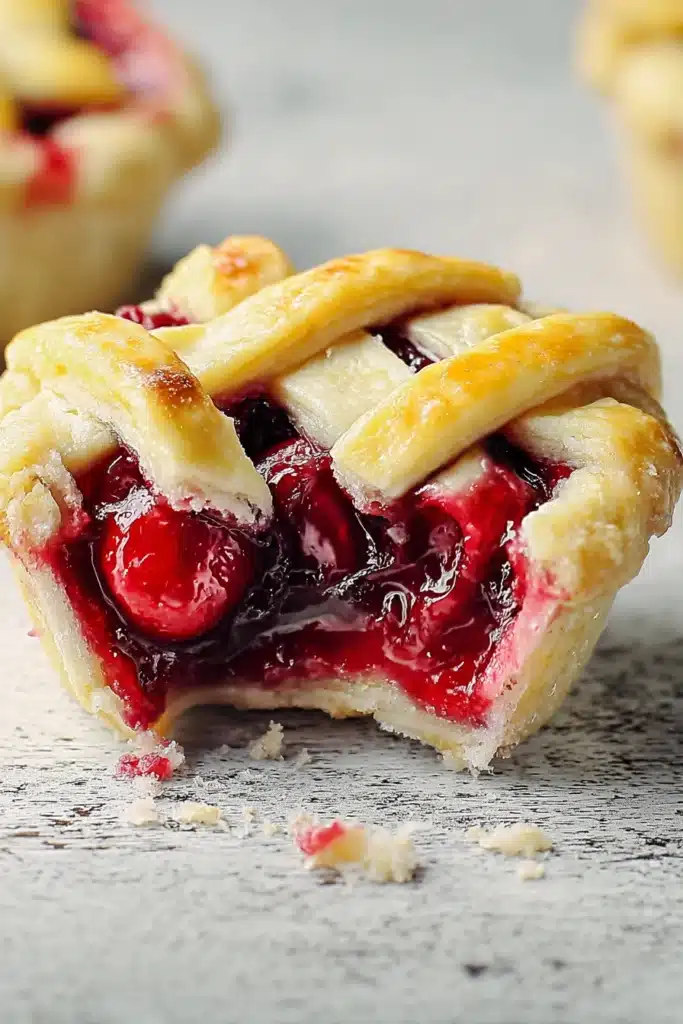 Mini Cherry Pies 3 Mini Cherry Pies with flaky crust and gooey cherry filling close up
