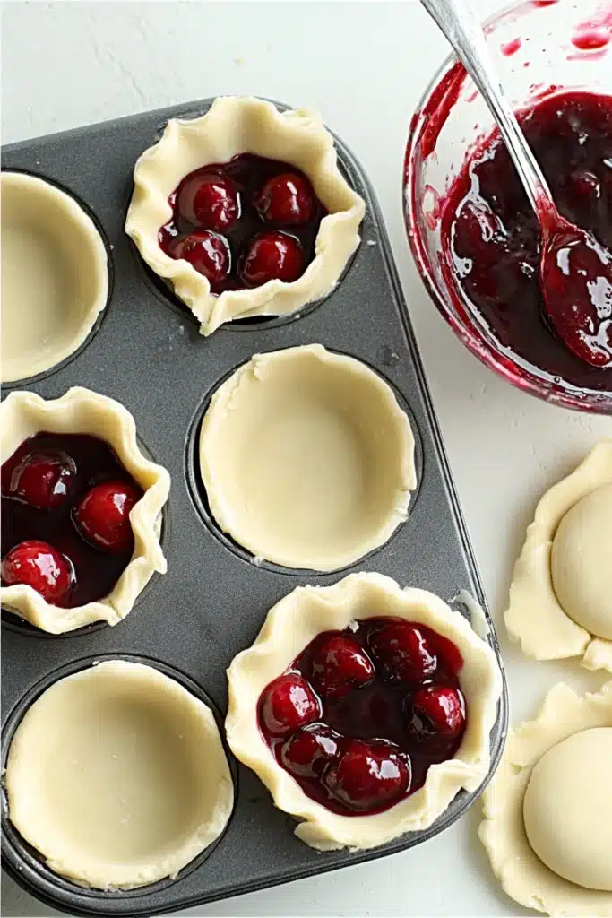 Mini Cherry Pies 2 Mini Cherry Pies being assembled in muffin tin with cherry filling