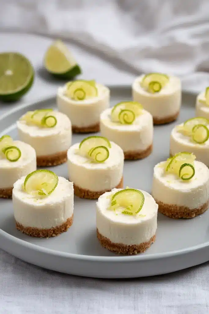 Mini Margarita Cheesecakes 1 Mini Margarita Cheesecakes with lime slices on a plate