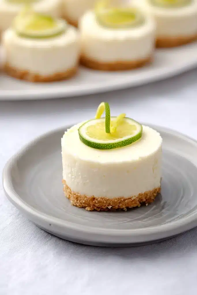 Mini Margarita Cheesecakes 3 Mini Margarita Cheesecakes with lime garnish on dessert plate