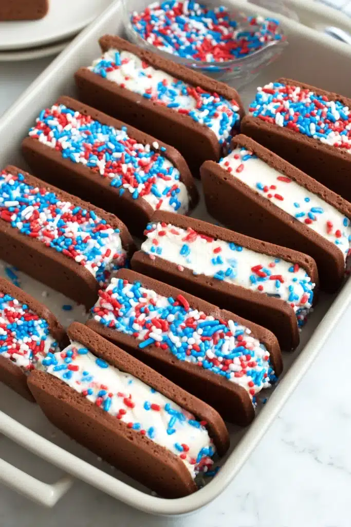 Patriotic Mini Ice Cream Sandwiches 1 Patriotic mini ice cream sandwiches with red white and blue sprinkles in a tray