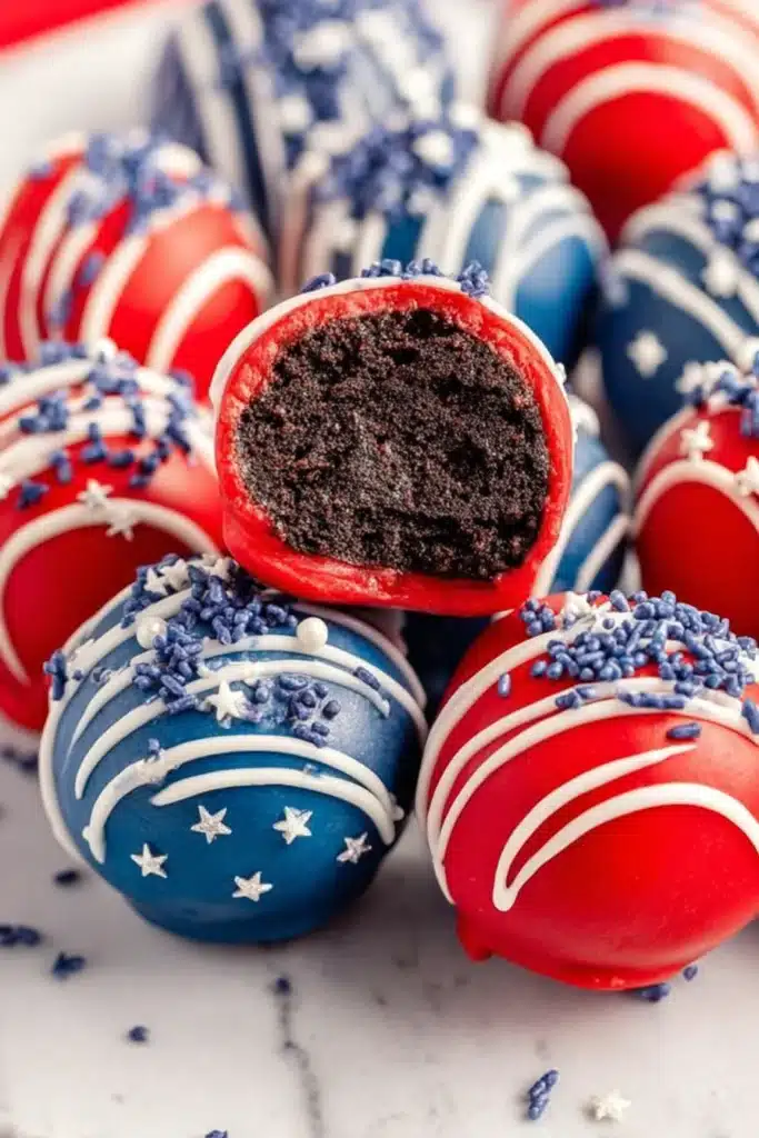 Patriotic Oreo balls with red white blue coating and creamy chocolate center