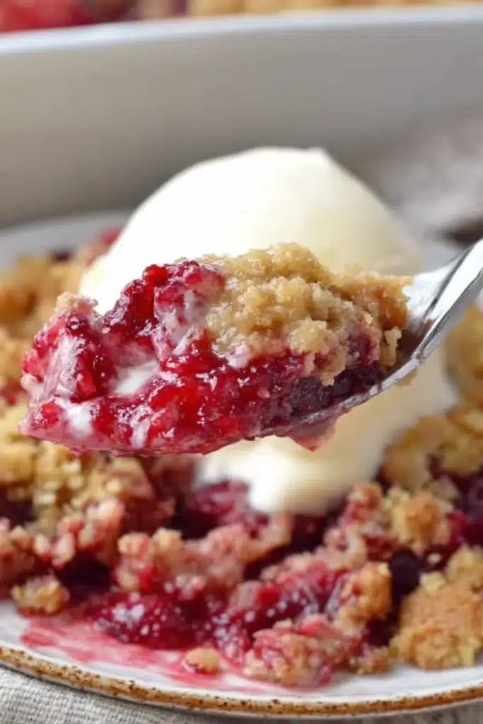 Raspberry Crumble Recipe with Buttery Crunchy Topping 2 Raspberry Crumble spoonful with ice cream and juicy berry filling