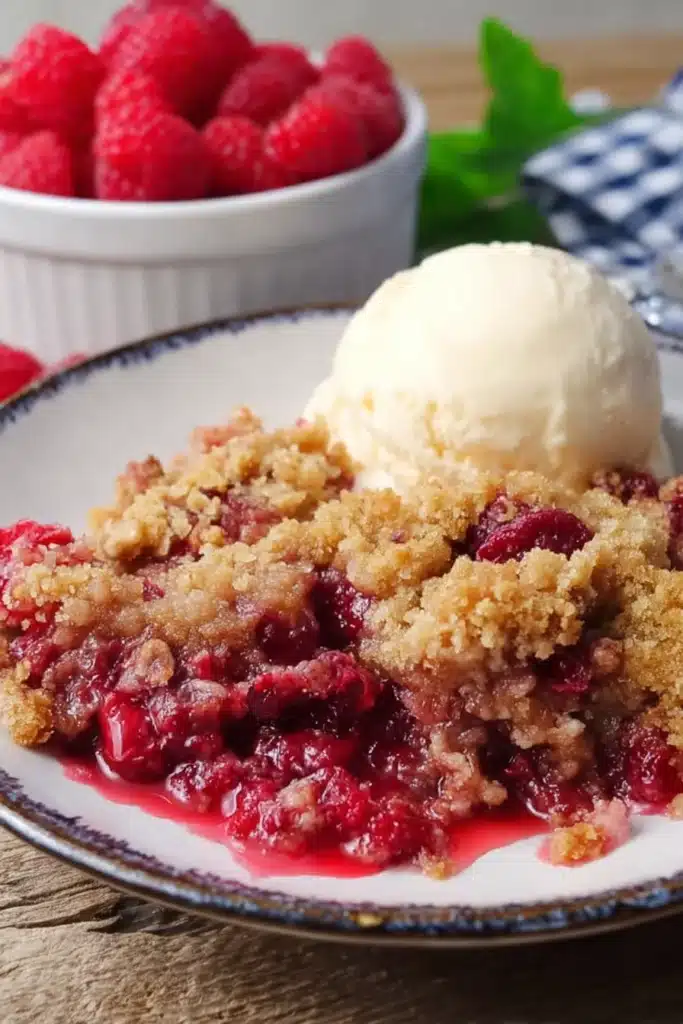 Raspberry Crumble Recipe with Buttery Crunchy Topping 1 Raspberry crumble with vanilla ice cream on plate, juicy berries and crispy topping