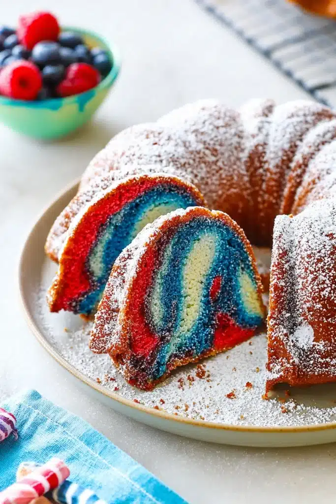 Red White And Blue Marble Cake 3 Red white and blue marble bundt cake slices with powdered sugar on plate