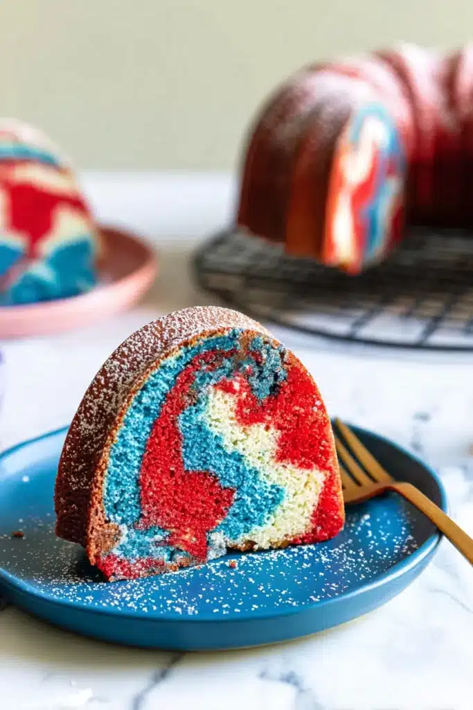 Red White And Blue Marble Cake 1 Red White And Blue Marble Cake slice with powdered sugar on blue plate
