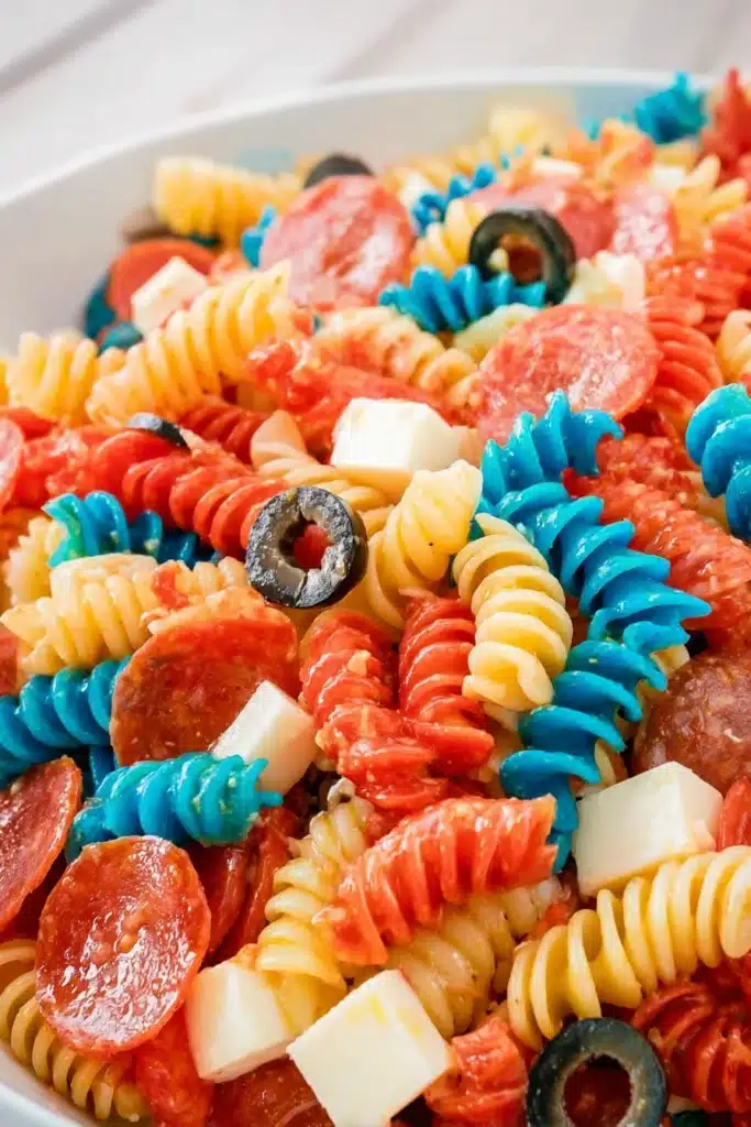 Red White and Blue Pasta Salad 1 Red white and blue pasta salad with pepperoni, mozzarella, and olives