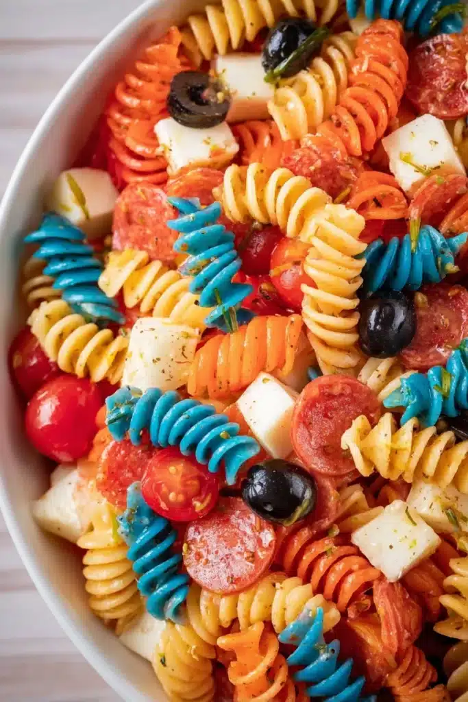 Red White and Blue Pasta Salad 2 Close up of Red White and Blue Pasta Salad with mozzarella and pepperoni