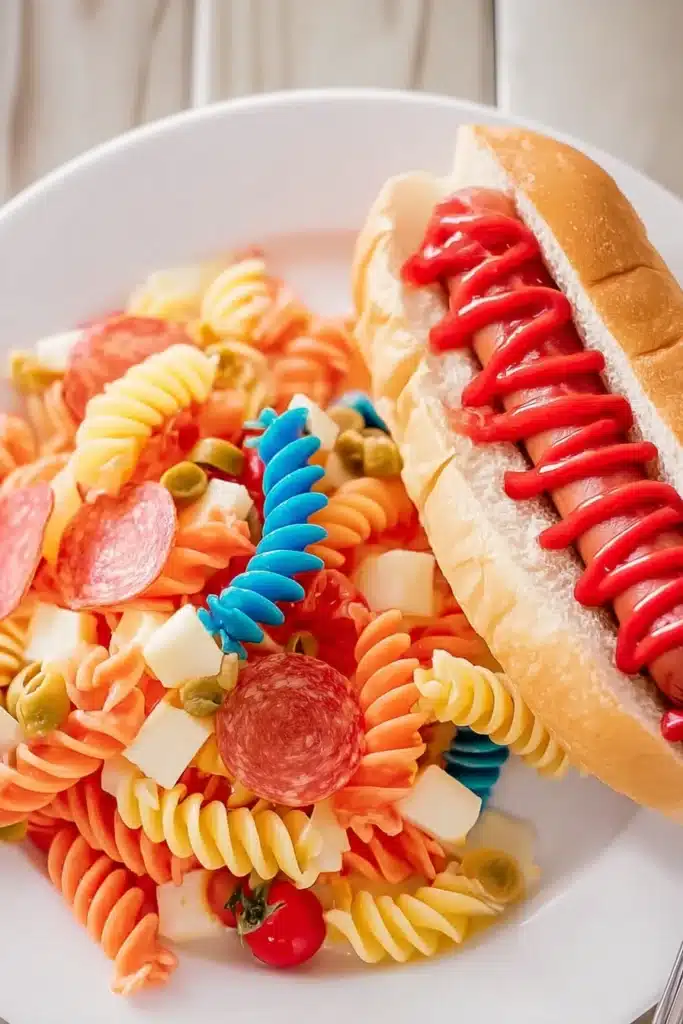 Red White and Blue Pasta Salad 3 Red White and Blue Pasta Salad served with hot dog on plate