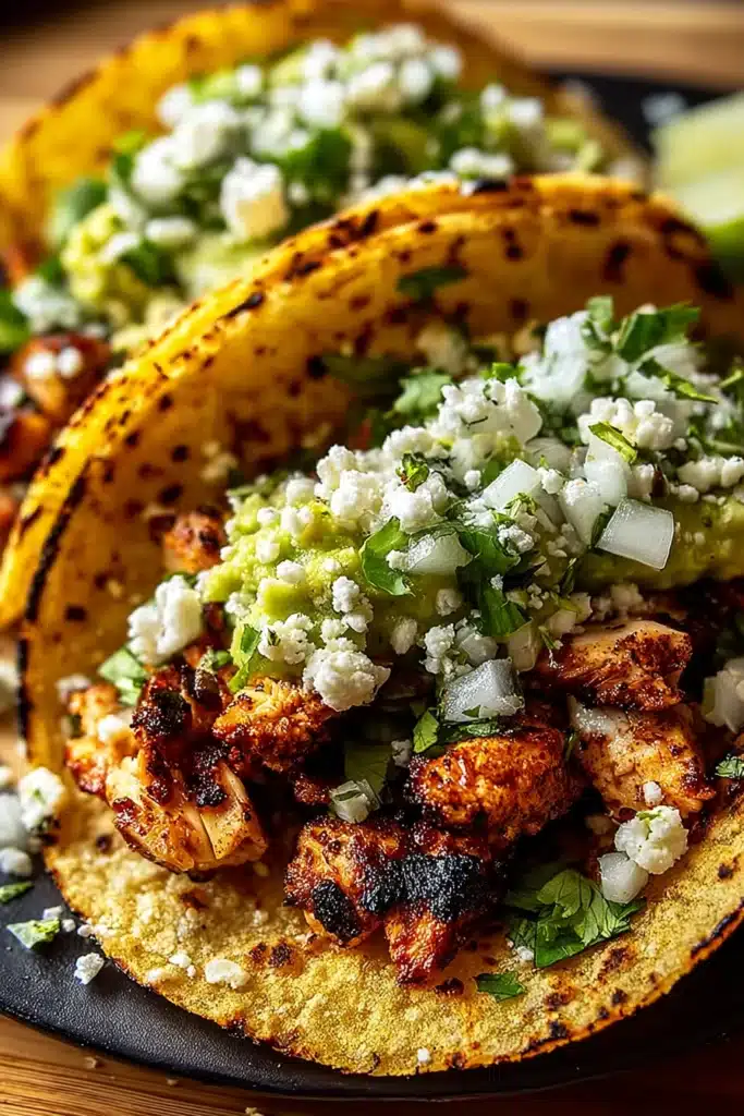 Chicken Street Tacos 1 Chicken street tacos with grilled chicken, guacamole, onion, and cilantro on corn tortillas