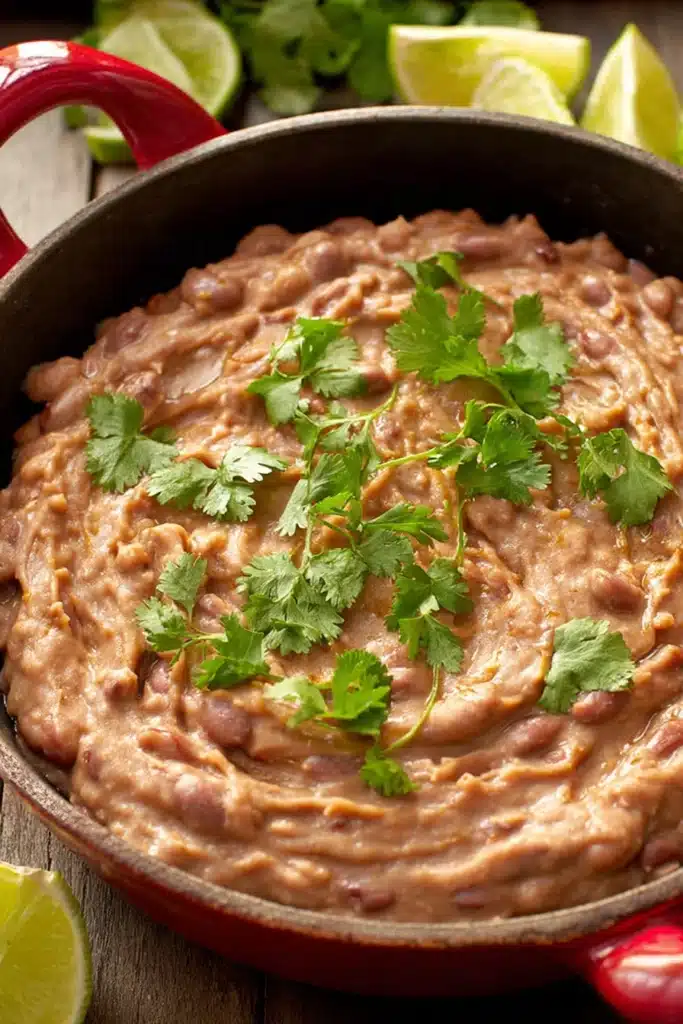 Refried Beans: Authentic, Creamy & Easy Homemade Recipe 1 Creamy refried beans topped with cilantro in a rustic bowl with lime wedges