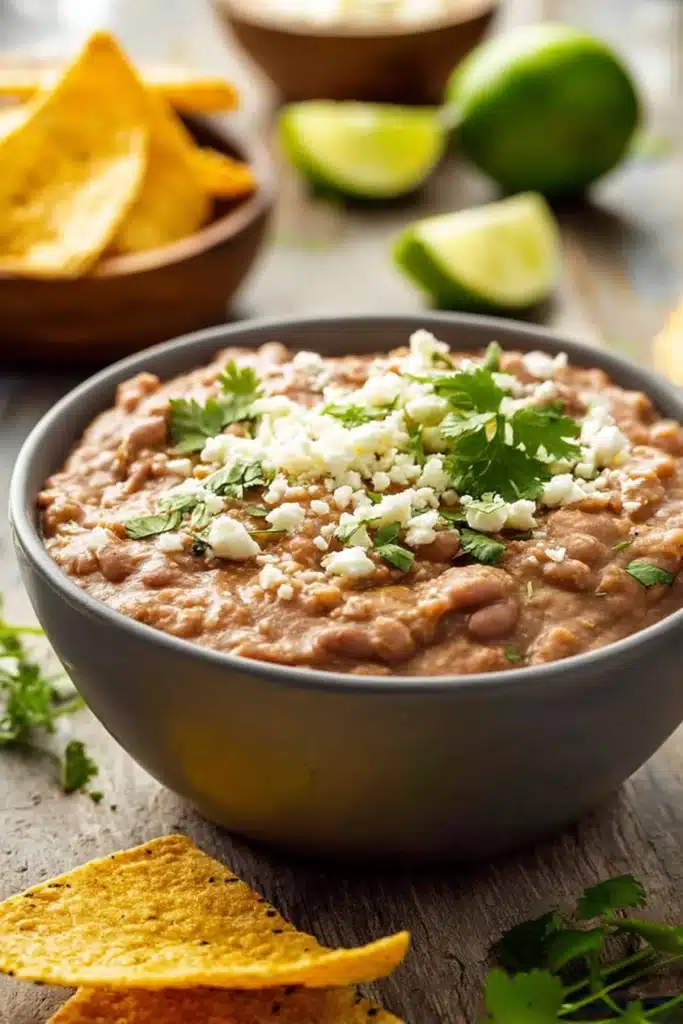 Refried Beans: Authentic, Creamy & Easy Homemade Recipe 3 Refried beans with cheese and cilantro served with tortilla chips