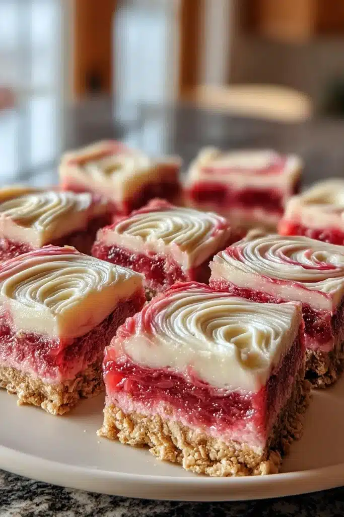 Rhubarb Bars with Cream Cheese 1 Rhubarb bars with cream cheese topping on a plate with buttery crust and vibrant fruit filling