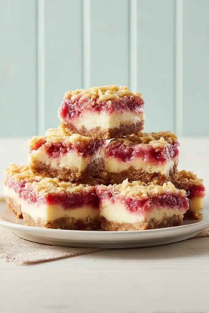 Rhubarb Cheesecake Squares 2 Rhubarb Cheesecake Squares stacked with crumble topping on plate