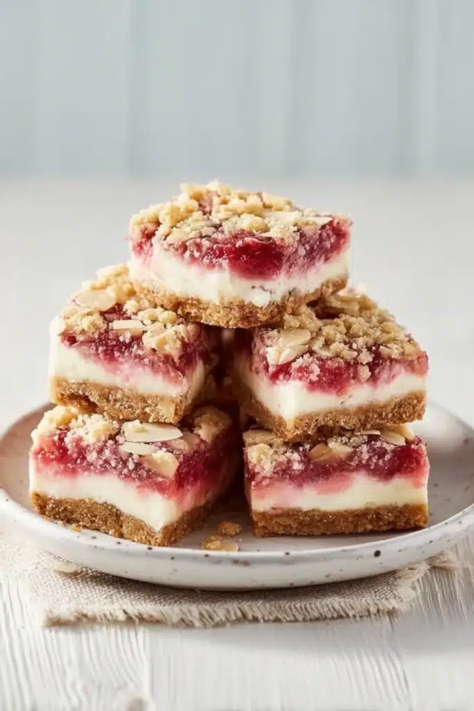 Rhubarb Cheesecake Squares 1 Rhubarb cheesecake squares with crumble topping stacked on a plate