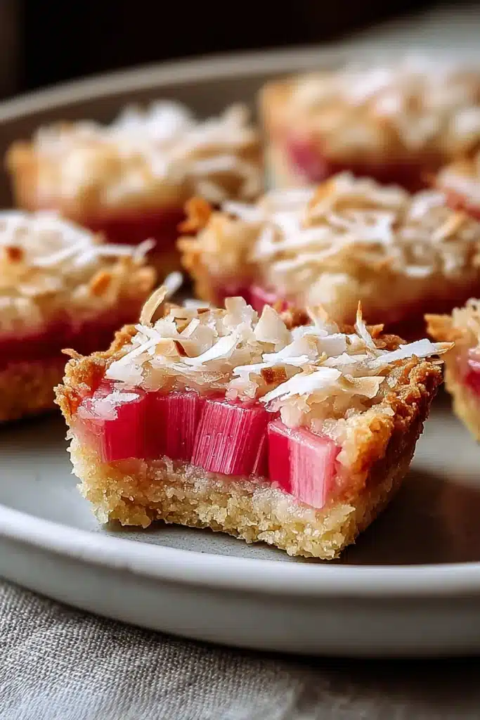 Rhubarb Coconut Macaroon Tarts 2 Rhubarb coconut macaroon tart with golden crust and pink rhubarb filling