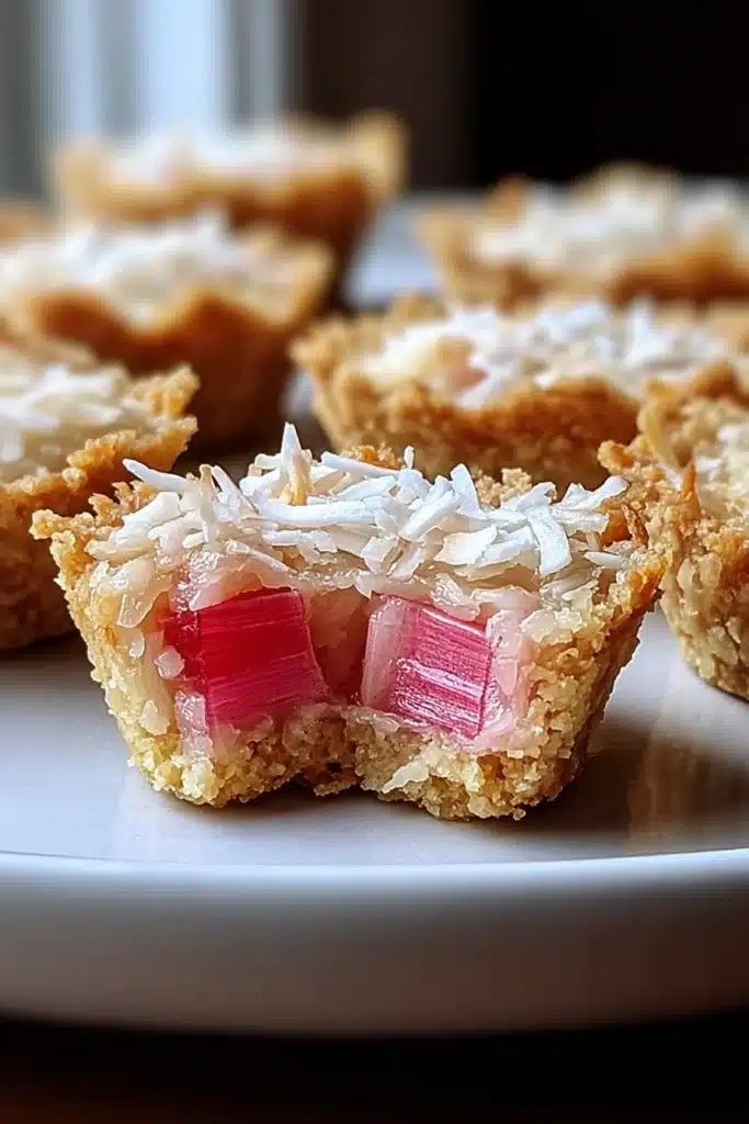 Rhubarb Coconut Macaroon Tarts 1 Rhubarb Coconut Macaroon Tarts with golden crust and pink rhubarb filling