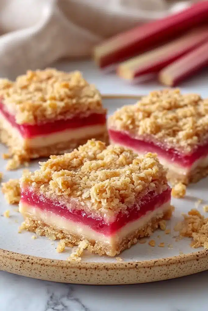 Rhubarb Cream Cheese Bars: Sweet, Tangy, and Irresistibly Creamy Treat 2 Rhubarb Cream Cheese Bars with crumb topping and creamy layers