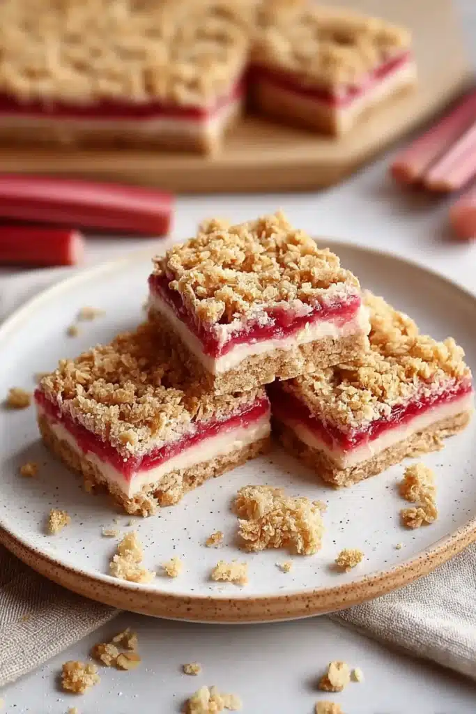 Rhubarb Cream Cheese Bars: Sweet, Tangy, and Irresistibly Creamy Treat 1 Rhubarb cream cheese bars with crumb topping on a rustic plate