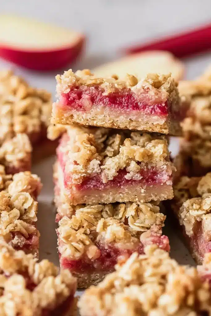 Rhubarb Crumble Bars 1 Close-up rhubarb crumble bars with golden topping and pink filling