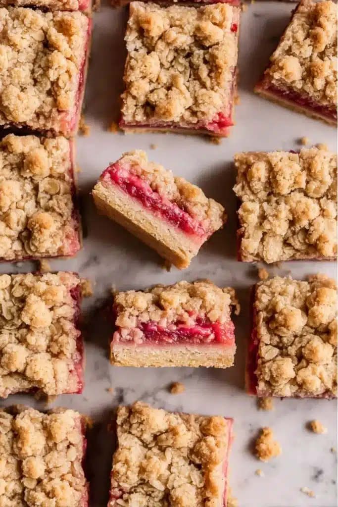 Rhubarb Crumble Bars 3 Rhubarb crumble bars with golden oat topping and pink filling on marble surface