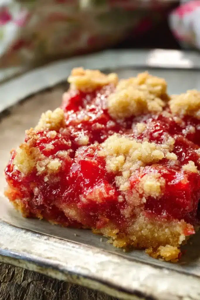 Rhubarb dessert with jello and crumb topping on plate
