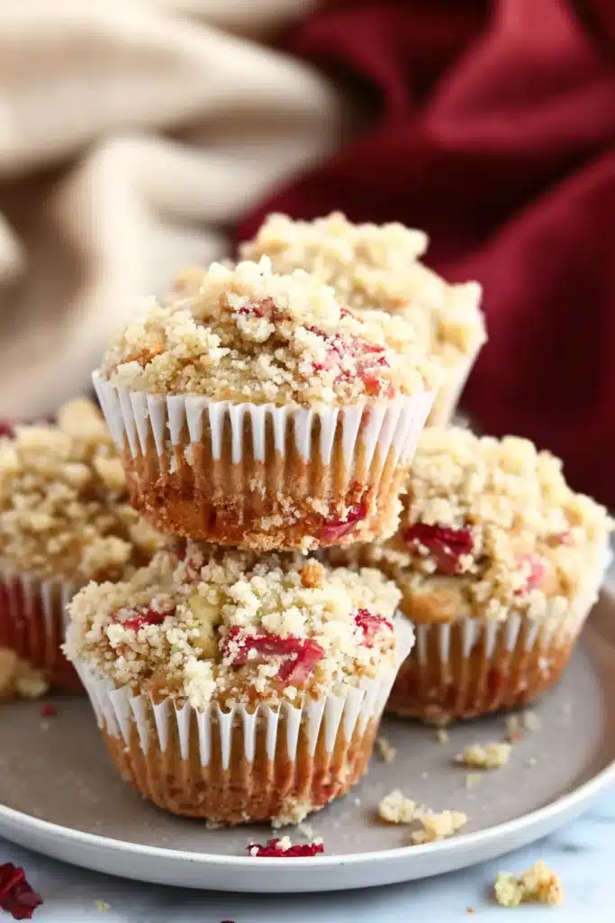 Rhubarb Muffins Recipe: Sweet, Tangy, and Easy to Bake 2 Rhubarb Muffins with crumb topping stacked on plate