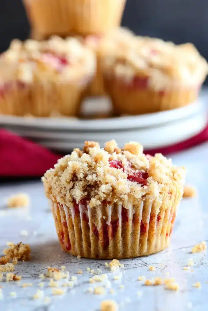 Rhubarb Muffins Recipe: Sweet, Tangy, and Easy to Bake 1 Rhubarb muffins with streusel topping on marble surface close-up