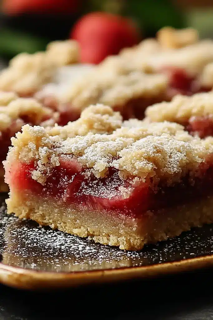 Rhubarb Shortbread Bars 1 Rhubarb shortbread bars with crumb topping and powdered sugar close-up
