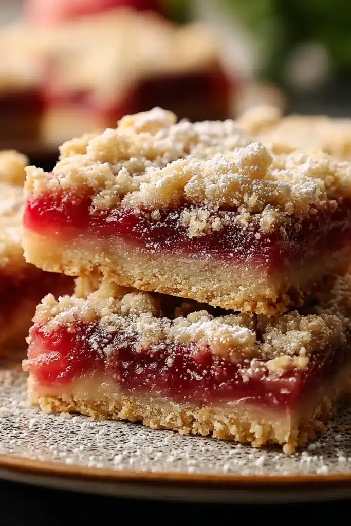 Rhubarb Shortbread Bars 2 Rhubarb shortbread bars with crumb topping and powdered sugar close-up