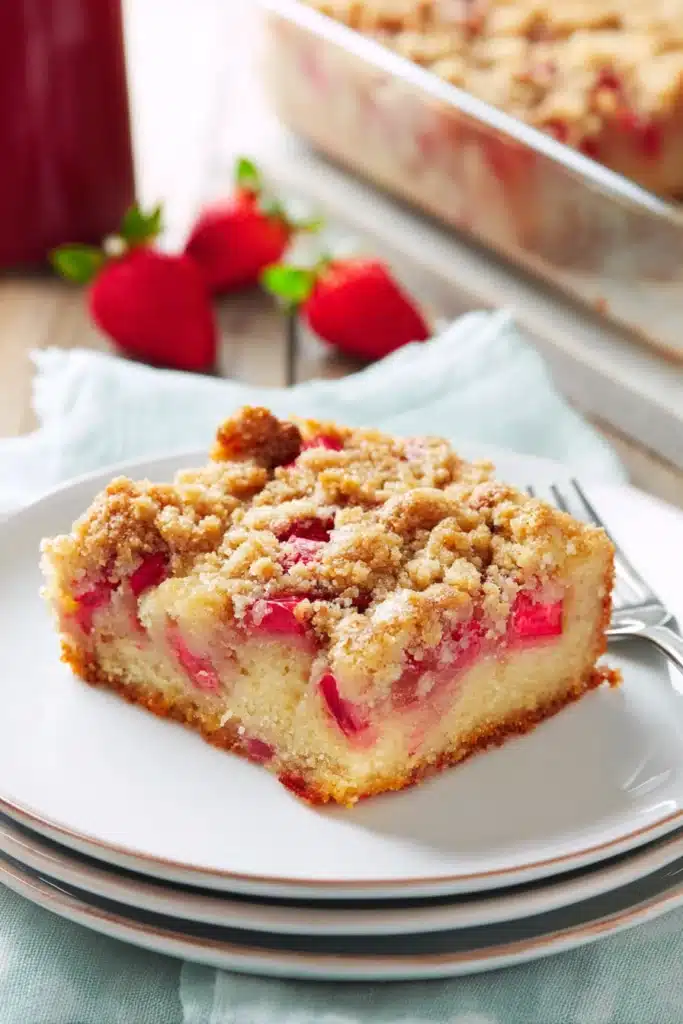 Rhubarb Streusel Cake: A Perfect Sweet-Tart Dessert for Any Occasion 1 Rhubarb streusel cake slice with crumb topping on white plate
