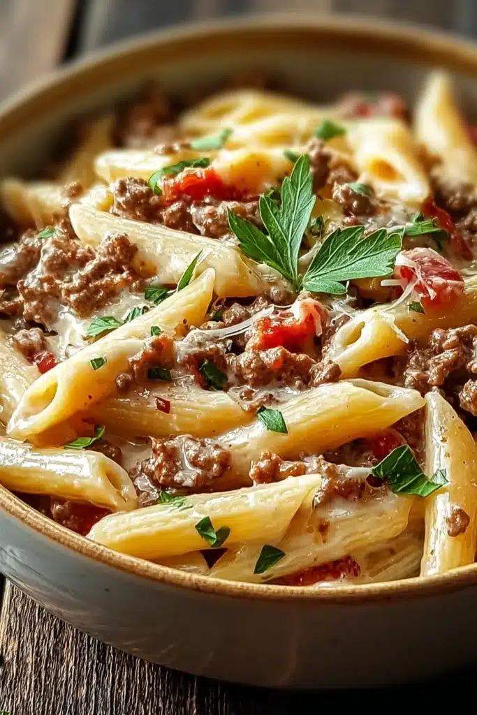 Rotel Pasta with Ground Beef 1 creamy Rotel pasta with ground beef in a bowl with cheese and herbs