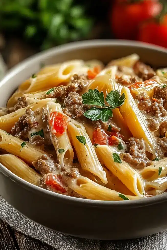 Rotel Pasta with Ground Beef 2 Rotel Pasta with Ground Beef creamy penne with cheese and tomatoes